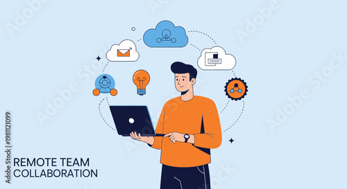 Remote Team Collaboration: Man with Laptop and Cloud Icons