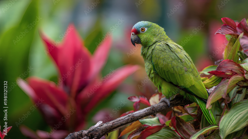 Obraz premium A vibrant green parrot with a blue head and red beak sits on a branch amidst lush, colorful foliage in a tropical garden.