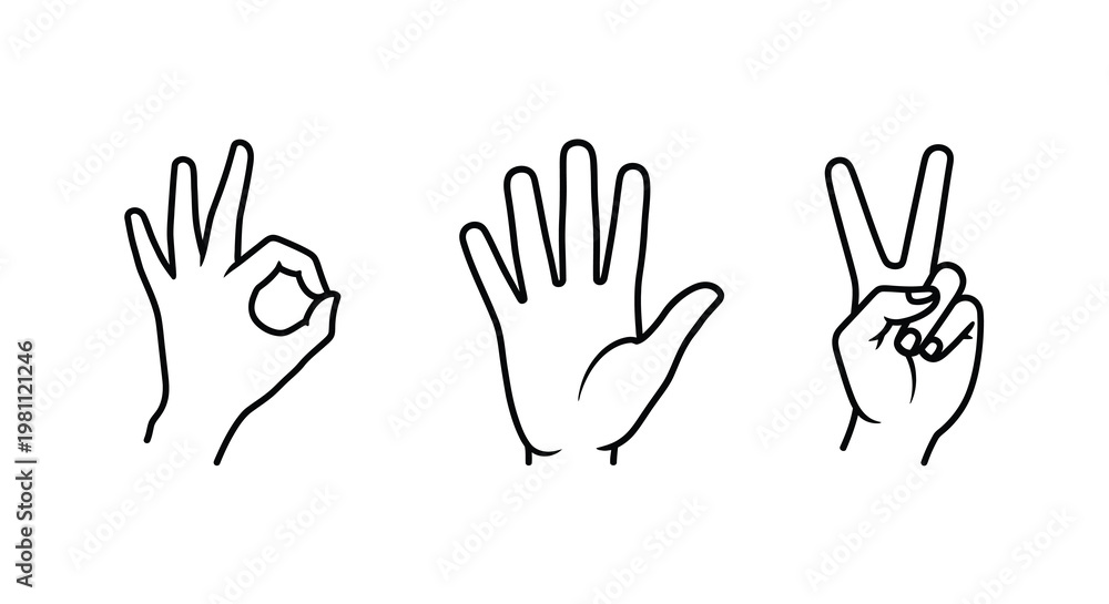Obraz premium Three hands displaying different gestures in a black outline silhouette