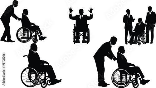 Business people assisting wheelchair users silhouettes, disability support, inclusive workplace concept, caregiving, accessibility, teamwork, corporate social responsibility illustration