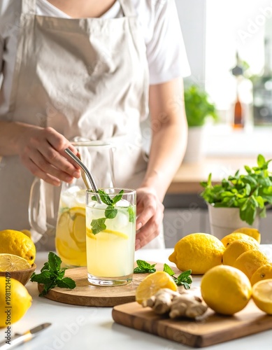 Person in apron making lemonade, with lemons, mint, and ginger on a kitchen counter. A full pitcher and a glass of the beverage are present