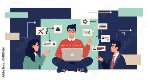 Teamwork and collaboration: people working together on a project with a laptop and flowcharts