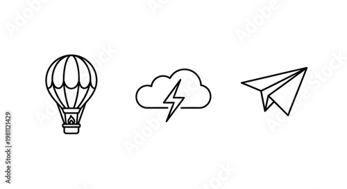 Minimalist icons depicting a hot air balloon cloud and paper airplane silhouette