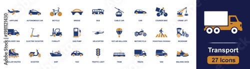 Transport icon set. Containing airplane, bicycle, cable car, delivery van, electric scooter, helicopter, hot air balloon, traffic light, rickshaw and more. Solid fill vector icons.