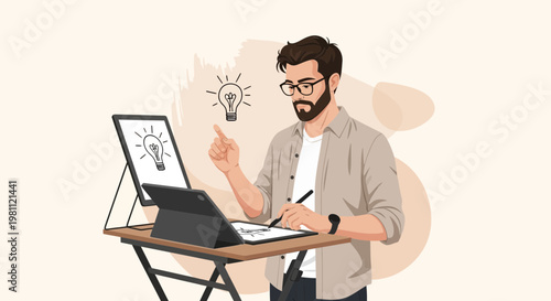 Creative man with glasses having an idea, working on a tablet with stylus