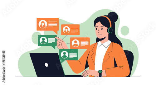 Customer service agent with headset and laptop, handling online communication and support