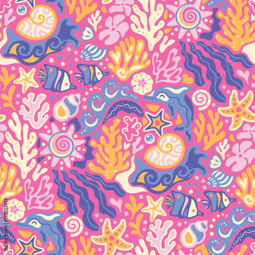 Ocean Rhythm Garden in orange, pink and purple palette, seamless pattern