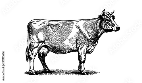 Vintage engraved dairy cow illustration with detailed line art farm animal vector