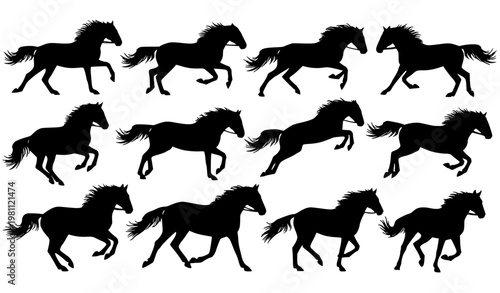 Running horse silhouettes in dynamic gallop and jump poses clean vector collection