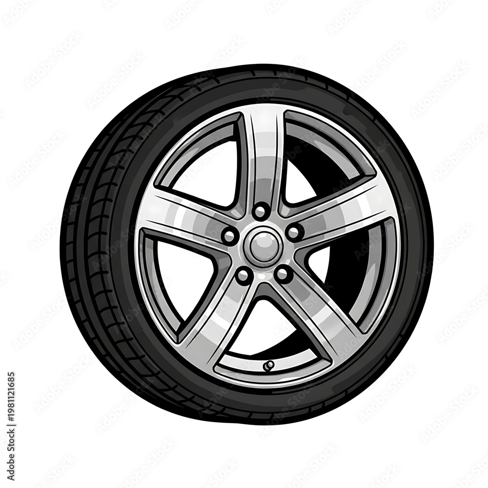 Obraz premium Sleek silver car wheel with black tire on white background