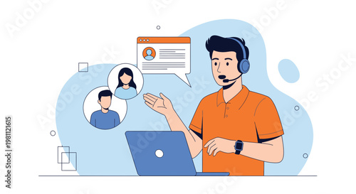 Customer Support Agent with Headset and Laptop, Online Communication