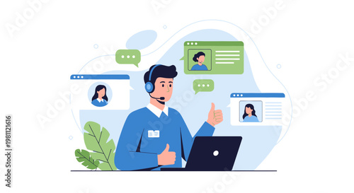 Customer support agent with headset and laptop, online communication, video calls, thumbs up gesture