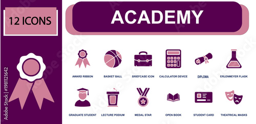 Academy education icon set. Containing award ribbon, basketball, briefcase, calculator, diploma, flask, graduate student, open book, student card and more. Solid fill vector icons.
