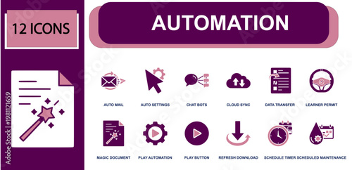 Automation icon set. Containing auto mail, auto settings, chat bots, cloud sync, data transfer, magic document, play button, refresh download, schedule timer and more. Solid fill vector icons.