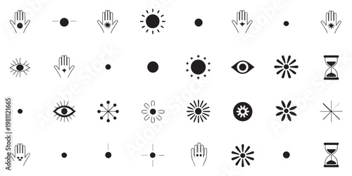 Collection of Spiritual and Mystical Vector Icons in Minimalist Black and White Style