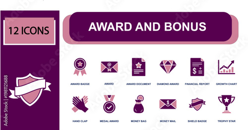 Award and bonus icon set. Containing award badge, certificate, diamond, financial report, growth chart, medal, money bag, money mail, trophy star and more. Solid fill vector icons.