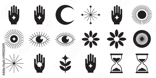 Set of Mystical and Esoteric Symbols with Hands, Moon, and Eyes