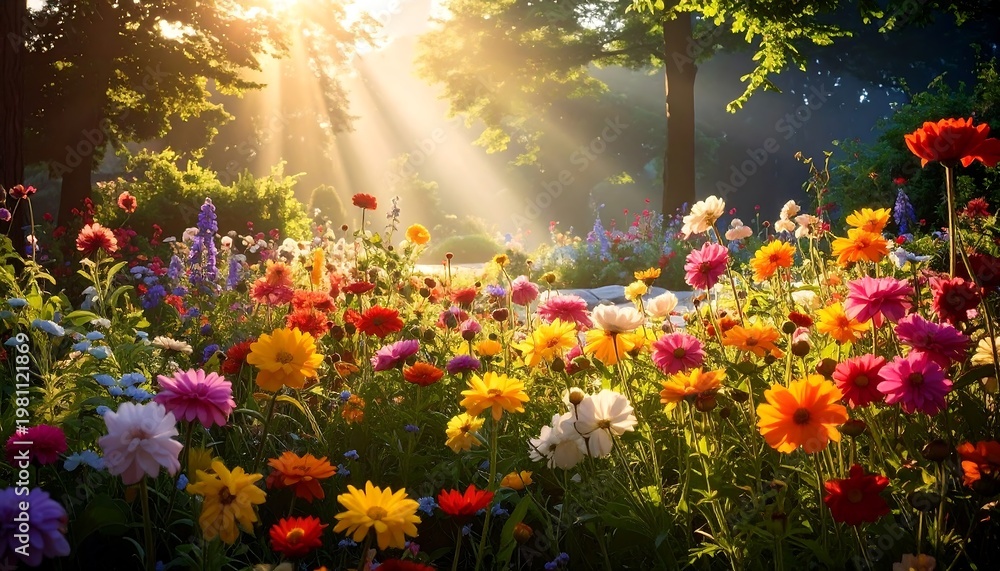 Obraz premium Field of colorful flowers bathed in warm sunlight with trees in the background