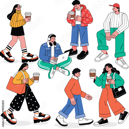 A diverse group of young adults enjoy coffee and casual interactions outdoors