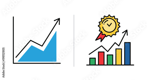 Growth charts and a celebratory icon simple graphic style silhouette