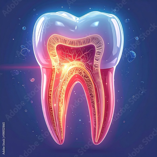 Cross-section anatomical illustration of a human molar, showcasing internal layers
