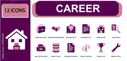 Career icon set. Containing briefcase, business partnership, business suit, document file, home office, job search, money stack, resume, trophy cup, wrench and more. Solid fill vector icons.