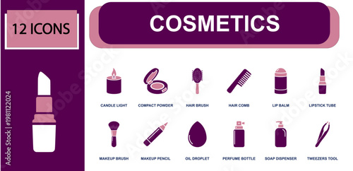 Cosmetics icon set. Containing compact powder, hair brush, hair comb, lip balm, lipstick tube, makeup brush, makeup pencil, perfume bottle, tweezers and more. Solid fill vector icons.