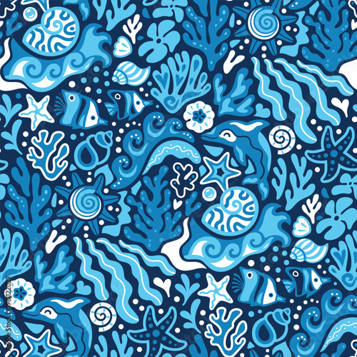 Ocean Rhythm Garden in blue palette, abstract seamless pattern