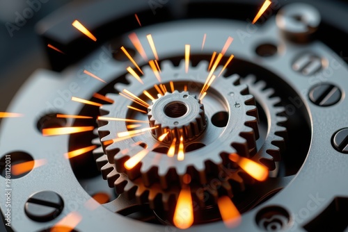 Close-up of interlocking metal gears with bright sparks.