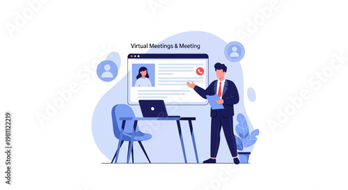 Virtual Meeting Concept: Man Presenting Online Conference Call on Screen
