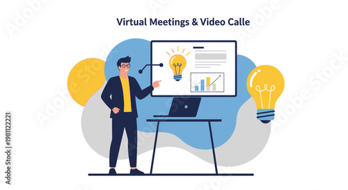 Virtual Meeting Concept: Man Presenting Ideas on Screen with Lightbulbs