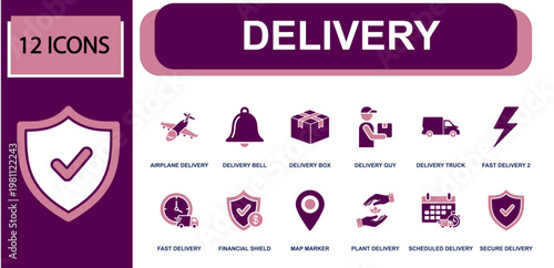 Delivery icon set. Containing airplane, bell, package box, courier, delivery truck, fast delivery, map marker, schedule calendar, secure delivery and more. Solid fill vector icons.