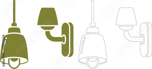 Two green pendant lights and two outline pendant lights