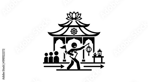 Asian Temple with Guide and Tourists