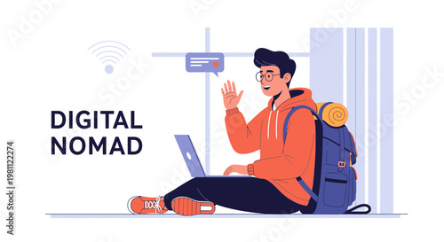 Digital Nomad Working Remotely with Laptop and Backpack, Waving Hello