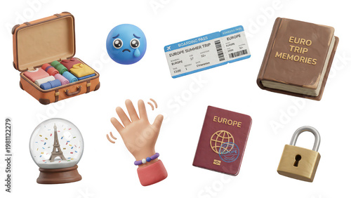 3D Travel Icons: Suitcase, Passport, Eiffel Tower, and Boarding Pass