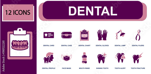 Dental care icon set. Containing dental card, dental chart, dental gloves, dental lamp, dental pliers, mouth rinse, clean tooth, tooth alert, broken tooth and more. Solid fill vector icons.