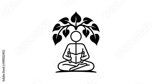 Meditating Figure Under Leaves Reading Book