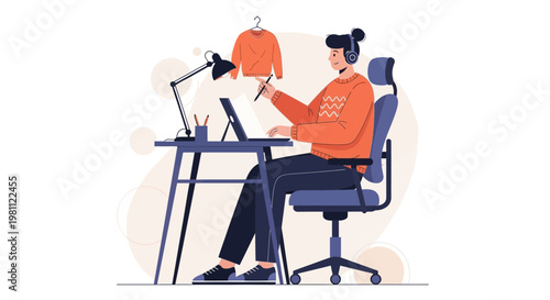 Fashion Designer Working on Laptop and Tablet, Creating Digital Designs