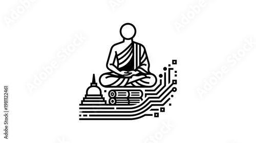 Minimalist Buddhist Monk Meditating with Technology Elements
