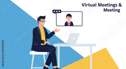 Virtual Meeting: Man in Video Conference with Colleague, Remote Work Concept