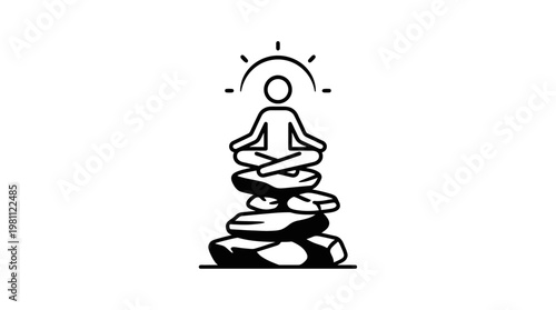 Meditating Figure Balancing on Rocks with Glowing Light