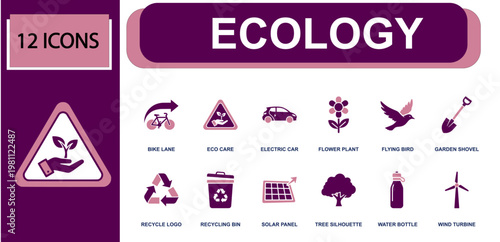 Ecology icon set. Containing bike lane, eco care, electric car, flower plant, flying bird, recycle logo, solar panel, tree silhouette, wind turbine and more. Solid fill vector icons.