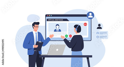 Virtual Meeting Illustration: Business People Collaborating Online via Video Conference