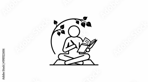 Meditating Writer Under a Tree Simple Line Art