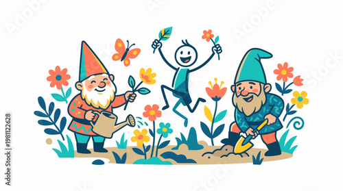 Cheerful Garden Gnomes and Blooms in Delightful Scene