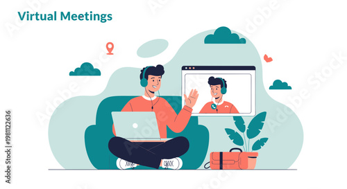 Virtual Meeting: Man with Laptop and Headphones Waving Hello on Video Call
