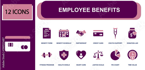Employee benefits icon set. Containing benefit form, schedule, partnership, credit card, crutch support, health shield, heart care, pie chart, time value and more. Solid fill vector icons.