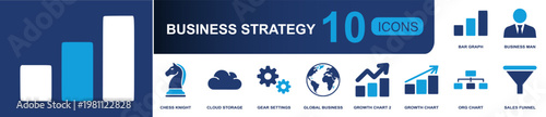 Business strategy icon set. Containing chess knight, cloud storage, gear settings, globe, growth chart, org chart, sales funnel, bar graph, businessman and more. Solid fill vector icons.