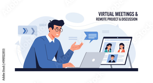 Virtual meeting with remote team discussion on laptop screen, online collaboration concept